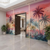 Papier peint amovible et imperméable Paysage au lever du soleil Aquarelle Soleil Plantes tropicales et grands palmiers Papier peint