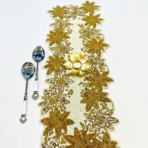 Camino de Mesa Floral Bordado de Lujo con Patrón Dorado para Decoración de Bodas - Product Image 1