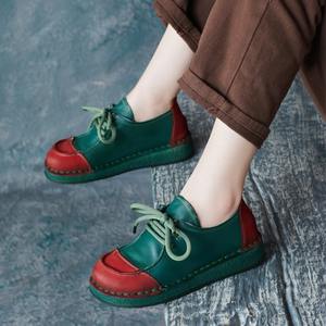 รองเท้าผู้หญิงสไตล์ชาติพันธุ์แบบใหม่สำหรับฤดูใบไม้ร่วง หนังวัวทรงหัวมน แบบผูกเชือก ส้นแบน พื้นนุ่ม สวมใส่สบาย - Product Image 1