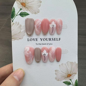 Faux <span class=keywords><strong>ongles</strong></span> de luxe faits à la main, <span class=keywords><strong>bleu</strong></span> <span class=keywords><strong>marine</strong></span>, avec fleurs 3D bleues et fil argenté, couleurs mélangées, forme amande, pour soirées et banquets - Product Image 3
