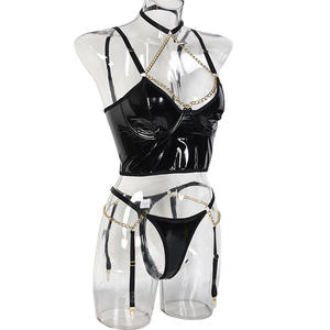 新款时尚女性性感内衣PU材料黑色内衣链女士2 pcs文胸内裤套装 - Product Image 4