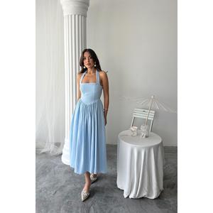 เดรสผ้าลินินสีน้ำเงินแบบผูกคอ ทรงเอ เอวธรรมชาติ ระบายอากาศได้ดี สวมใส่สบายๆ - Product Image 5