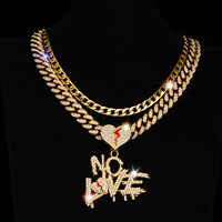 Collier Hip Hop Rockstar Rapper Punk Iced Out Bling Cuban Chains NO LOVE avec pendentifs pour hommes et femmes, pendentif cœur brisé