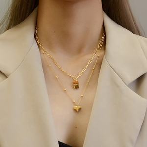 น่ารัก Party สแตนเลสสตีลหัวใจและจี้รูปสี่เหลี่ยมผืนผ้า Double Layer สร้อยคอ - Product Image 4