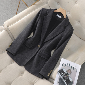 Women's Wool Blazer Light Gray Solid Color Anti-Wrinkle Casual Elegant Autumn Winter Suit Jacket Petite Fit - Product Image 3