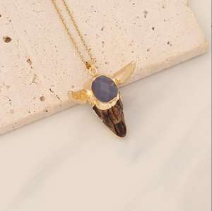 Colgante de cabeza de <span class=keywords><strong>toro</strong></span> de piedra natural de acero inoxidable, collar, joyería, playa, estilo bosniano - Product Image 3