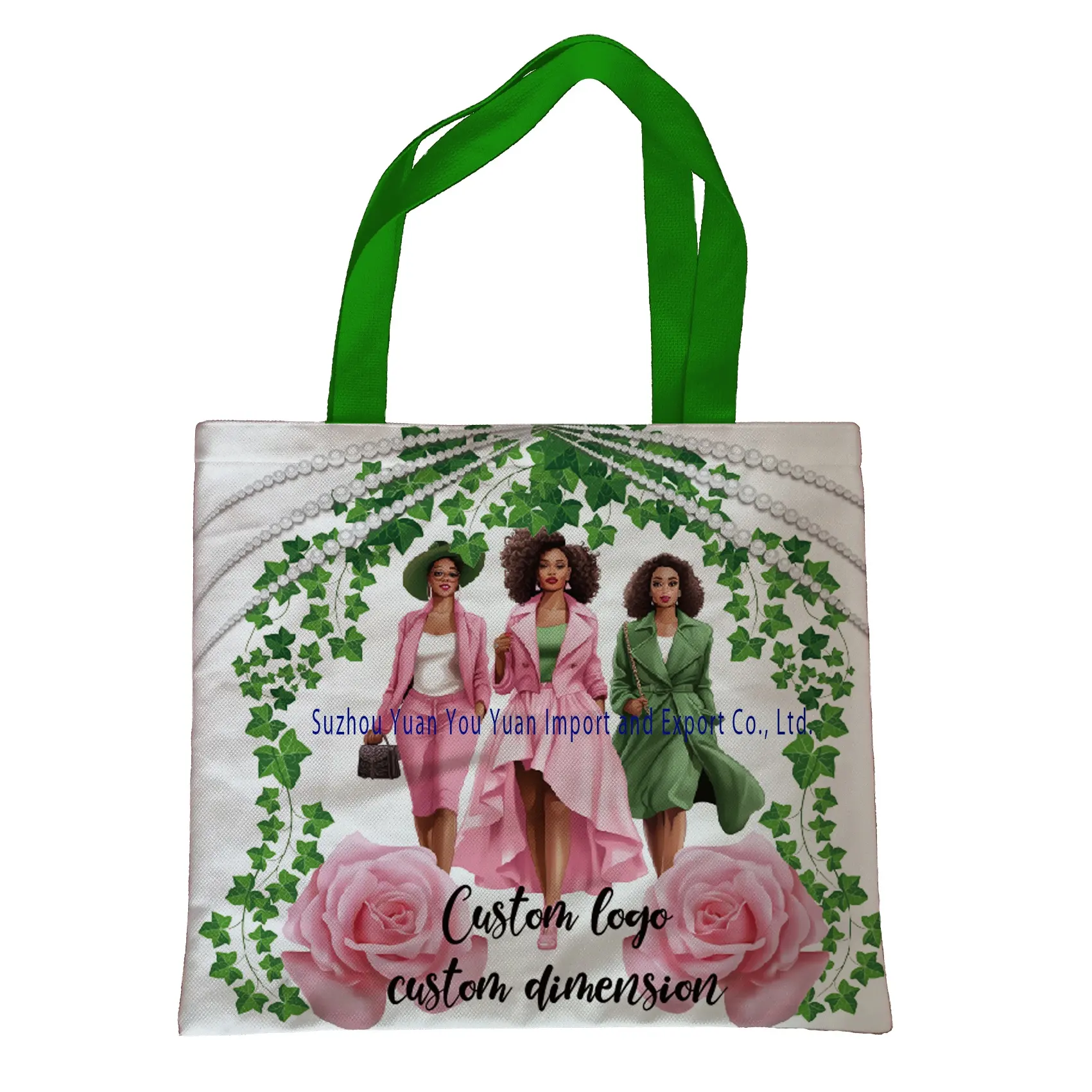 custom 16X14 inches Double Sided Sublimation Printing Pink and Green tote bag