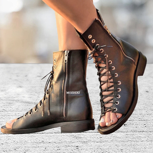 Sandali gladiatore con lacci personalizzati stravaganti stivaletti estivi in vera pelle nera da donna - Product Image 1