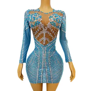 Women robes de soiree Elegant 2023 new sexy mini dazzling diamonds blue dress night bodycon club dress for birthday party