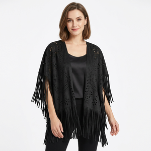 Women's Black Fringe Shawl Medium Length Geometric Pattern Polyester Lightweight Bohemian <b>Scarf</b> For Daily Wear - Product Image 1