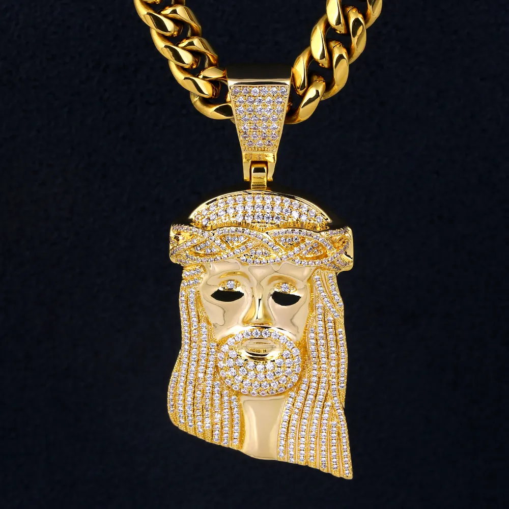 Pingente dourado pendente krkc & co, pingente de hip hop com cabeça grande e dourada, pingente de diamante jesus pendente