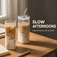 Gobelet carré en verre borosilicate de 350 ml (12 oz) avec couvercle et paille, réutilisable pour café glacé et thé au lait, vente en gros, logo personnalisé