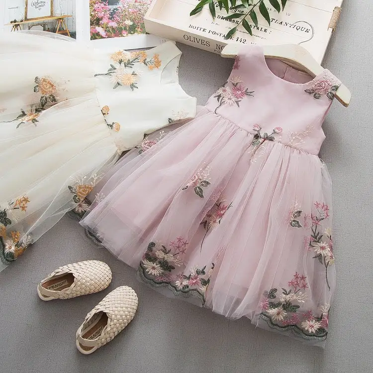 Yalindars Großhandel Prinzessin Baby Girl Europäisches Muster Blumenmuster Kid Fairy Pink und Hellgelb Freizeit kleid