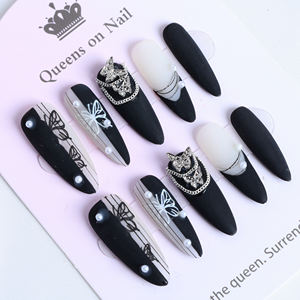 Uñas postizas acrílicas de lujo hechas a mano al por mayor, forma almendrada larga, cobertura completa, puntas francesas, diseño de mariposa, para mujeres - Product Image 3