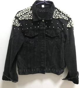 Ladies Denim Jacket <b>Beaded</b> Pearl Short <b>Loose</b> Fit Thin Jean Jacket for Autumn and Winter - Product Image 3