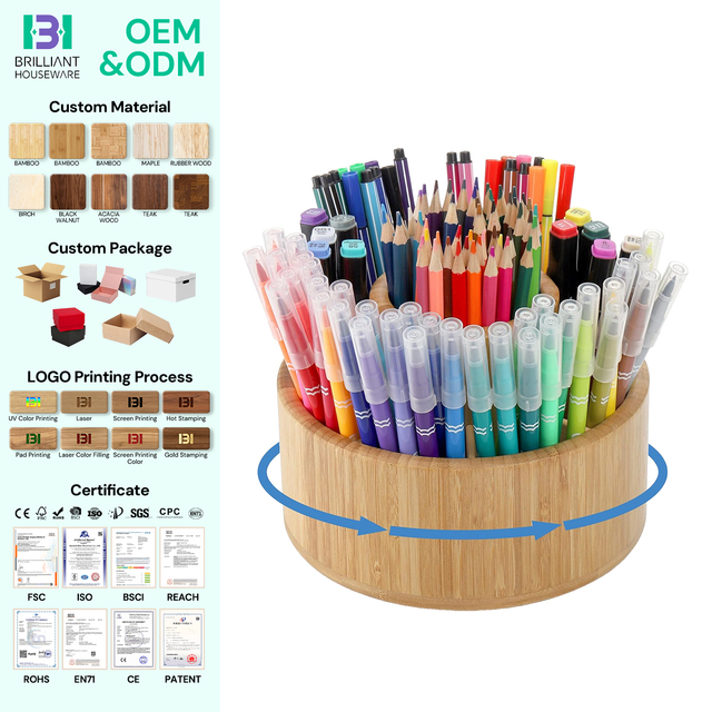BH 360°Rotating Art Supply Organizer Bamboo Pen Holder Organizer with 11 Compartments for Marker Pens Pencil Art Brushes