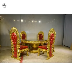 Franse Klassieke Koninklijke Gouden Eetkamer Meubels Set Eettafel Voor 6 Stoelen Rood Lederen Antieke Houten Glazen Eettafels