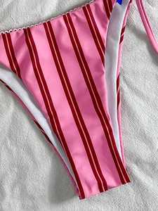 Bikini con Etichetta Privata, Decorazione a Strisce Rosa e Fiocco Blu, Allacciatura su Due Lati, Conjunto De Bikini Para Mujer - Product Image 5