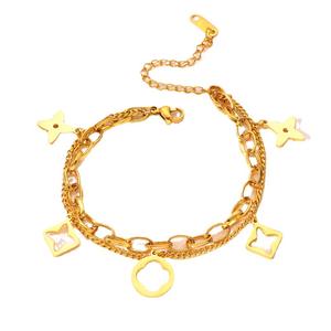 Pulseras de acero inoxidable de cuatro hojas ahuecadas para mujer, doble capa, cadena de tobillo sin decoloración, joyería popular europea - Product Image 5