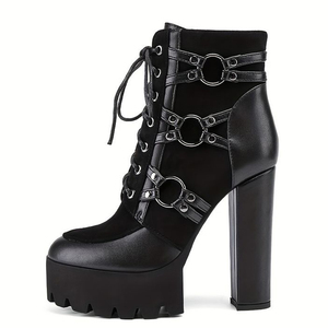 Front Lace up Round Toe Short Booties Women Side Zipper Ankle <b>Boots</b> Metal Buckles Chunky Heels Shoes - Product Image 4