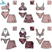 OEM Europese Amerikaanse Pure Desire Rozen Bloemprint Bikiniset Kruis Halter Tie Split Zwemrok Strandvakantie Zwemkleding Aanbod