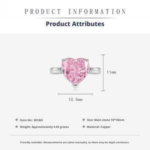 Bague de Fiançailles Solitaire en Cuivre Plaqué Rhodium avec Zircon Coloré Taillé en Cœur 10*10mm pour Femmes – Vente en Gros Usine pour Fêtes - Product Image 2