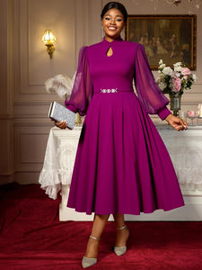 AM050651 elegante autunno con colletto rialzato ritagliato in Chiffon manica lunga lanterna a trapezio viola abito Casual <span class=keywords><strong>donna</strong></span> Plus Size formale - Product Image 2