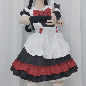 Black And <b>Red</b> Maid Outfit V Neck A Line Lolita Dress With <b>Bow</b> Headband And Apron For Halloween Or Cosplay - Product Image 3