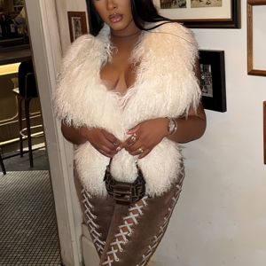 Top corto mongol con cuello halter y aberturas, estilo <span class=keywords><strong>chaleco</strong></span>, ajustado, sin espalda, con tiras, de piel de cordero mongol, con efecto esponjoso y texturizado, tipo bustier, sexy para <span class=keywords><strong>mujer</strong></span> - Product Image 3