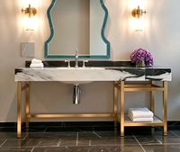 Meuble de salle de bain haut de gamme en laiton satiné pour hôtel, suite, avec pieds dorés, console de lavabo, meuble sous-vasque, cadre en bronze antique
