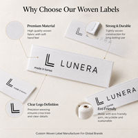 Étiquettes personnalisées écologiques avec logo de marque en relief, design recyclable, pour vêtements, étiquettes tissées personnalisées pour marques de vêtements
