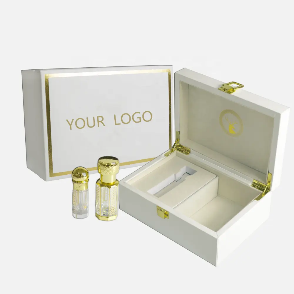 Auf Lager luxuriöse Parfüm-Leder-Holz-Geschenkverpackungsbox 50 ml Indien arabische Oud-Parfüm-Leder-Schachtelverpackung
