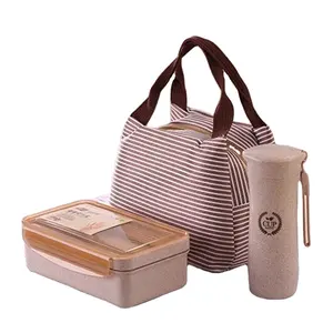 Garrafa De Água Bento Lunch Box Plastic Straw Trigo Set com Bag Louça À Prova De Vazamento Microondas Recipiente De Alimento Com Talheres Para Crianças