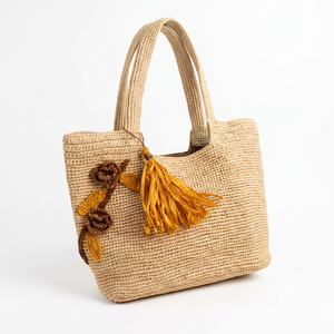Sac fourre-tout en paille crocheté, léger, à bandoulière, avec pompon floral, couleur unie, pour les voyages et l'usage quotidien - Product Image 5