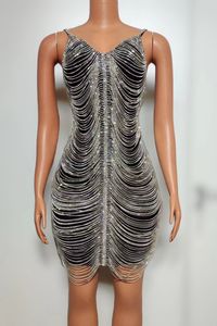 Spaghetti Strap Crystal Tassel Cocktail Prom Bodycon Dress Mujeres Fringes Graduación Cumpleaños Night Club Party Dress Dance Outfit - Product Image 2