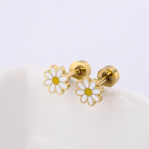 Chrysanthemum Cute Flower Enamel Stud Earrings 18K Golden Stainless Steel Jewelry For Children Women Girls