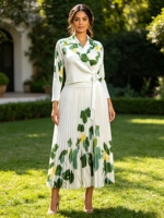 Robe longue plissée élégante Miyaki à taille haute, imprimé floral, à nouer, grande taille, décontractée, pour soirée, pour femme, vente en gros