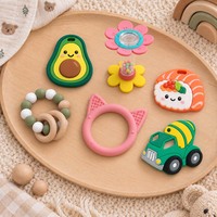 Anneau de dentition en silicone pour bébé, motif oreilles de chat, hochet à perles en bois, jouet de dentition avocat et sushi, non toxique, 0-12 mois