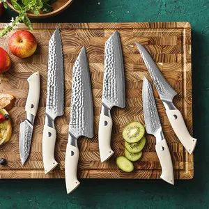 طقم سكاكين طاه للمطبخ مكون من 6 قطع يابانية 67 طبقة من الفولاذ الدمشقي ذو غطاء أبيض ممتاز موديل G10