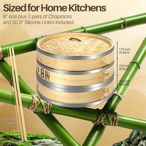 Juego de Vaporeras de Bambú de 8 Pulgadas con Banda de Acero Inoxidable, Diseño Ecológico de 2 Capas, 50 Revestimientos para <span class=keywords><strong>Vaporera</strong></span>, Palillos para Cocina de Gas - Product Image 3