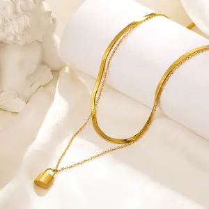 Double layered clavicle chain 18Kgold T home letter small lock flat snake chain titanium steel necklace female