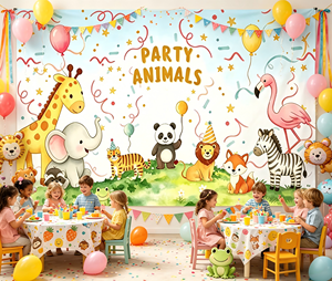 Toile de fond d'<span class=keywords><strong>anniversaire</strong></span> sur le thème des animaux de la <span class=keywords><strong>jungle</strong></span>, décor photo mignon avec animaux sauvages du bois pour la décoration de fête d'<span class=keywords><strong>anniversaire</strong></span> des enfants - Product Image 3