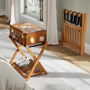 Walnut Folding <b>Suitcase</b> Stand with <b>Storage</b> with Shoe Shelf Shelf Acacia Wood Frame Folding <b>Suitcase</b> Stand for Guest Room - Product Image 3