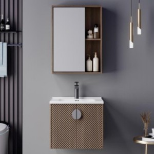 Conjunto de tocador de baño con espejo LED, gabinete inteligente retroiluminado montado en la pared, puerta de fibra de carbono blanca, lavabo de cerámica sin juntas - Product Image 2