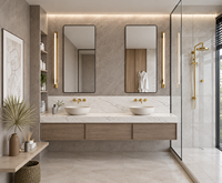 Kabinet Penyimpanan Veneer Walnut Modern, Cermin Kayu Dinding, Kabinet Kamar Mandi Double Sink dengan Meja Marmer