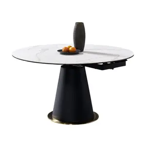 Meja makan multifungsi dapat diperpanjang batu bata bulat Modern meja makan marmer dengan alas kerucut alas logam