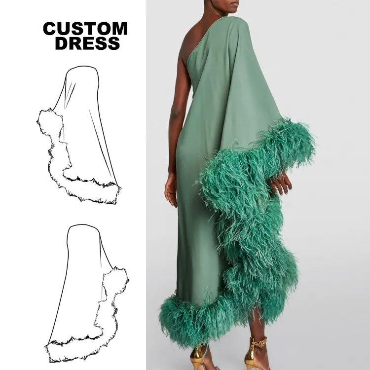 2023 robes de luxe vêtements femmes musulmanes Robe de soirée une épaule fourrure floue caftan autruche plume garniture longue crêpe robe en soie