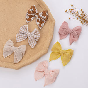 5 pièces fille nouveau-né doux Mini <span class=keywords><strong>Fable</strong></span> arcs Clips imprime broderie coton lin mousseline bébé cheveux accessoires ensemble - Product Image 4