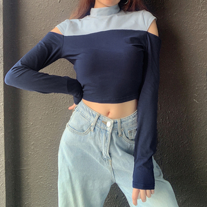 <span class=keywords><strong>Crop</strong></span> <span class=keywords><strong>top</strong></span> à manches longues t-shirt <span class=keywords><strong>blanc</strong></span> pour les femmes t-shirt à deux tons couleur bloc t-shirt dames - Product Image 1