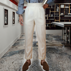 Pantalones <span class=keywords><strong>de</strong></span> Lana Rectos <span class=keywords><strong>de</strong></span> Cintura Alta con Botones y Estilo Nápoles para <span class=keywords><strong>Hombre</strong></span>, Pantalones Casuales Personalizados con <span class=keywords><strong>Tirantes</strong></span> - Product Image 3